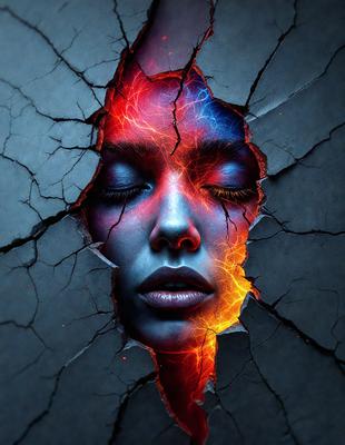 The primary subject of the image is a woman with a blue face and red hair. She is depicted with a red and blue color scheme, which gives her a unique and striking appearance. The setting is a black background, which contrasts with the vibrant colors of the woman's face. The visual style of the image is a digital art or illustration, as it is a detailed and intricate representation of the woman. The overall atmosphere of the image is bold and eye-catching, with the woman's striking colors and the contrasting black background creating a striking visual effect.